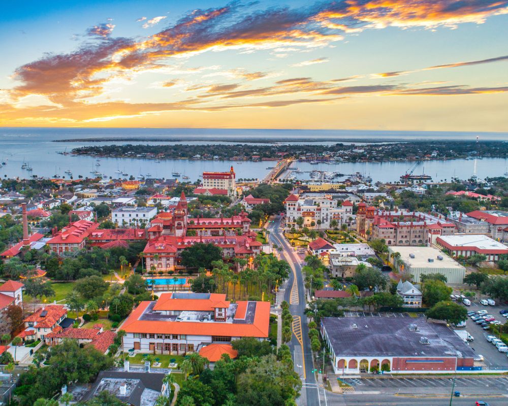 St Augustine, Florida, USA Downtown Drone Skyline Aerial.